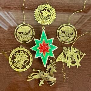 Lot of 7 Vintage Brass-Tone Cutout Christmas Ornaments